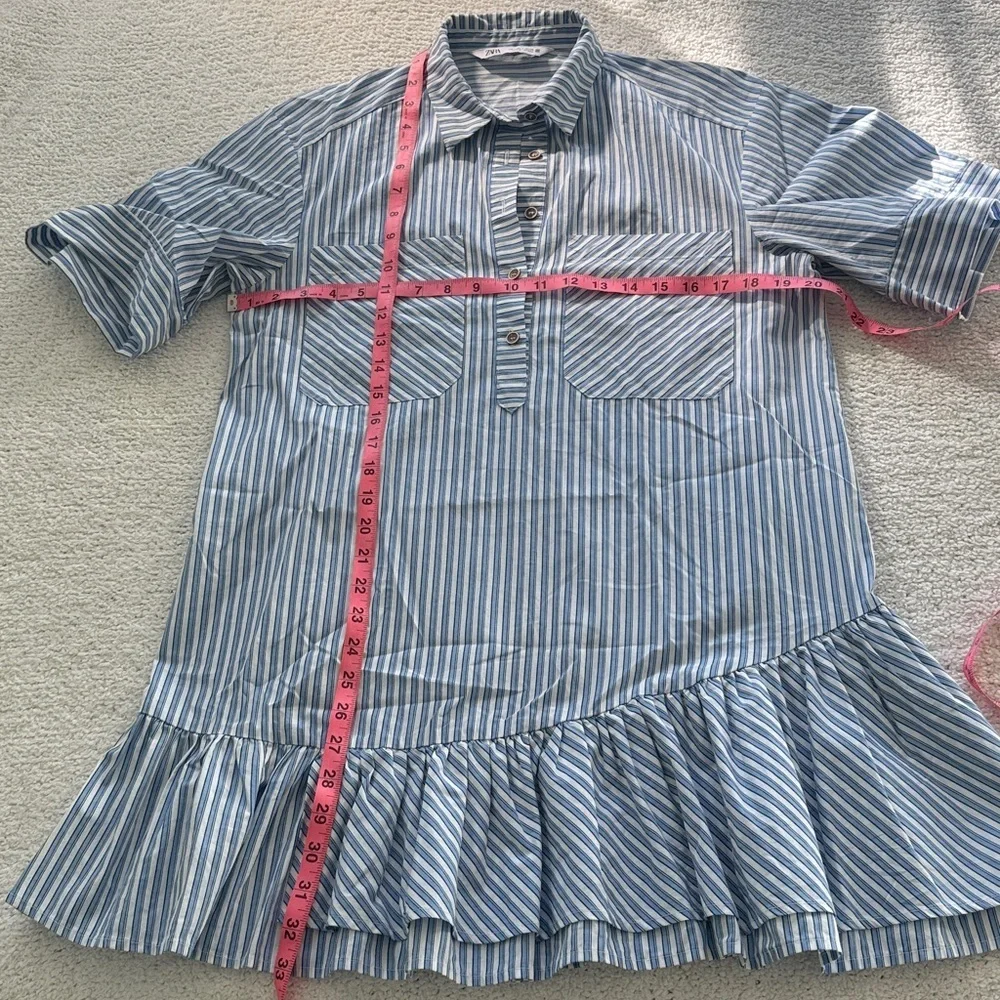 Zara Blue and Cream Striped Mini Dress Ruffle Frill Size Small Oversized - Picture 6 of 9